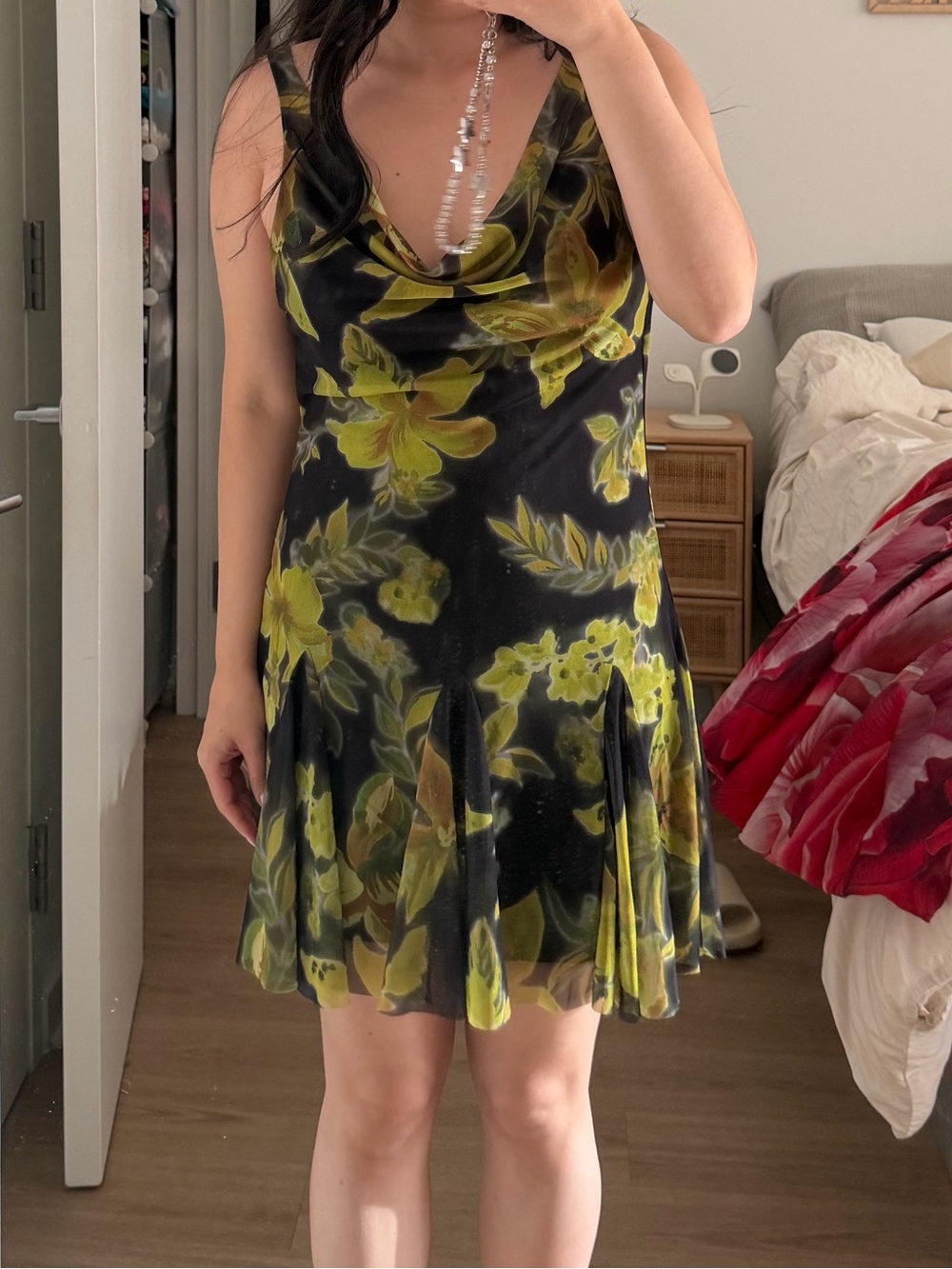 Zara Black Mini Dress with Lime Floral Print